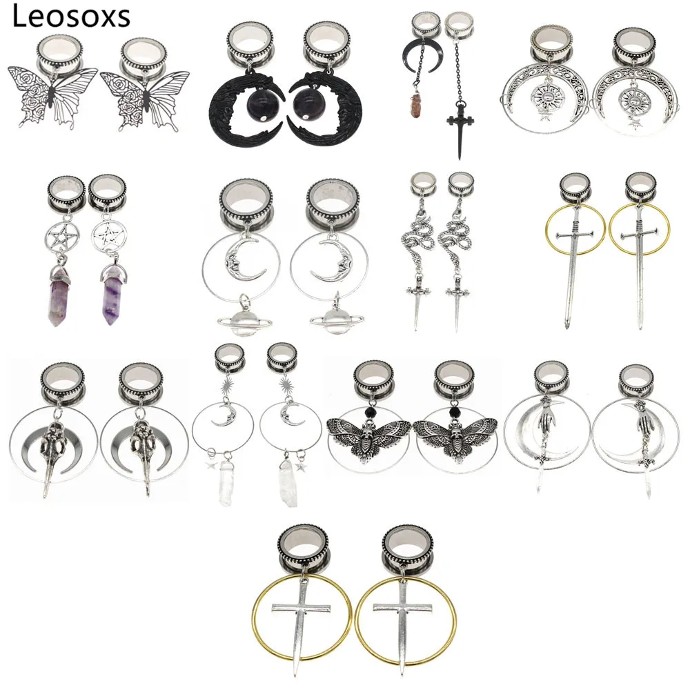 Leosoxs 1 Pair Ear Flesh Tunnel Stainless Steel Gauge Plugs Piercing Stretcher Ear Expander Ear Dangle Earrings Body Jewelry New