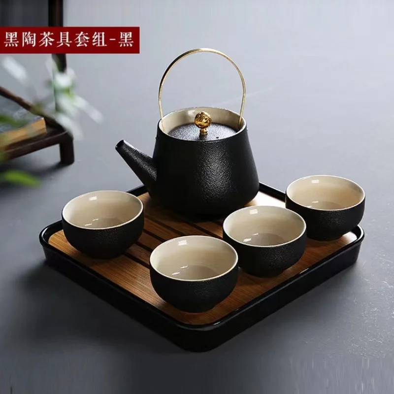 

Japanese Style Black One Pot Four Cups Coarse Ceramic Travel Bag Tea Set with Handle Dry Brewing Plate Gift