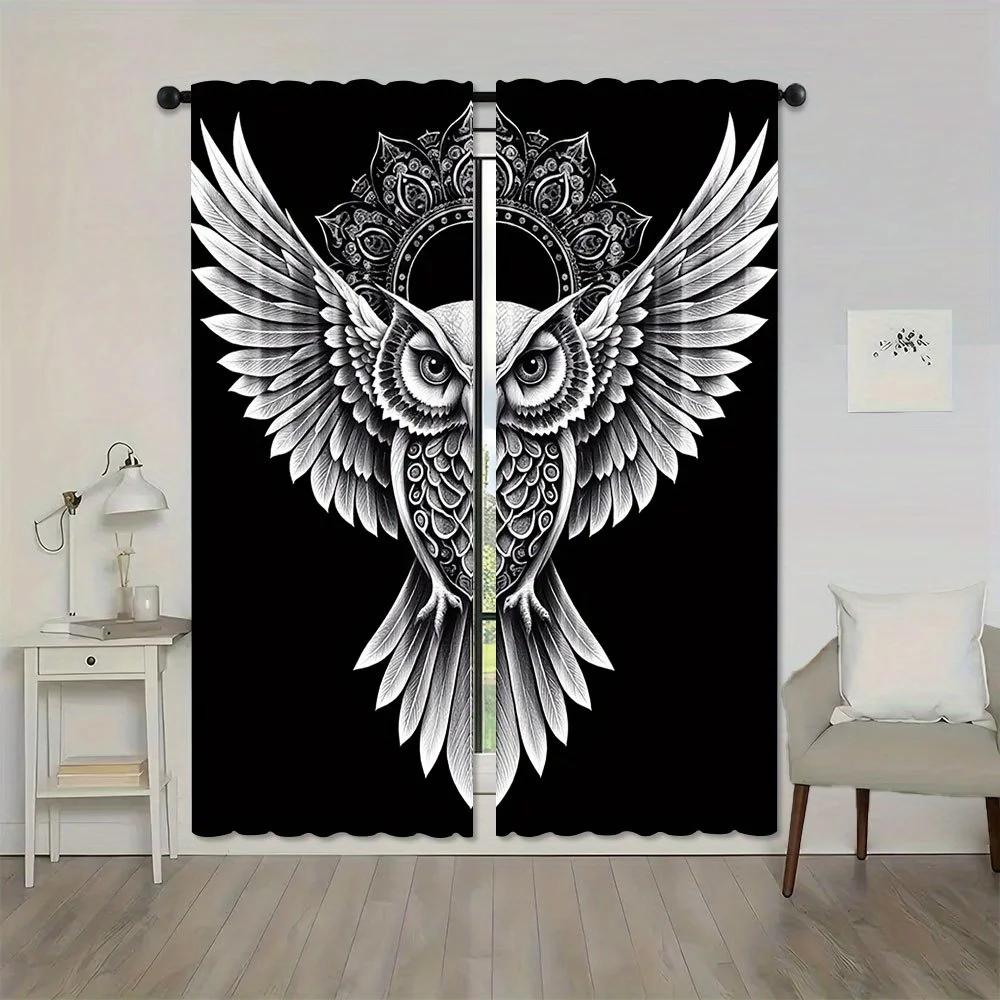 Vivid Line Art Mandala Owl Curtain 2 Panels Intricate Feather Totem Black Inn Room Curtain Mysterious Boho Bedroom Home Decor