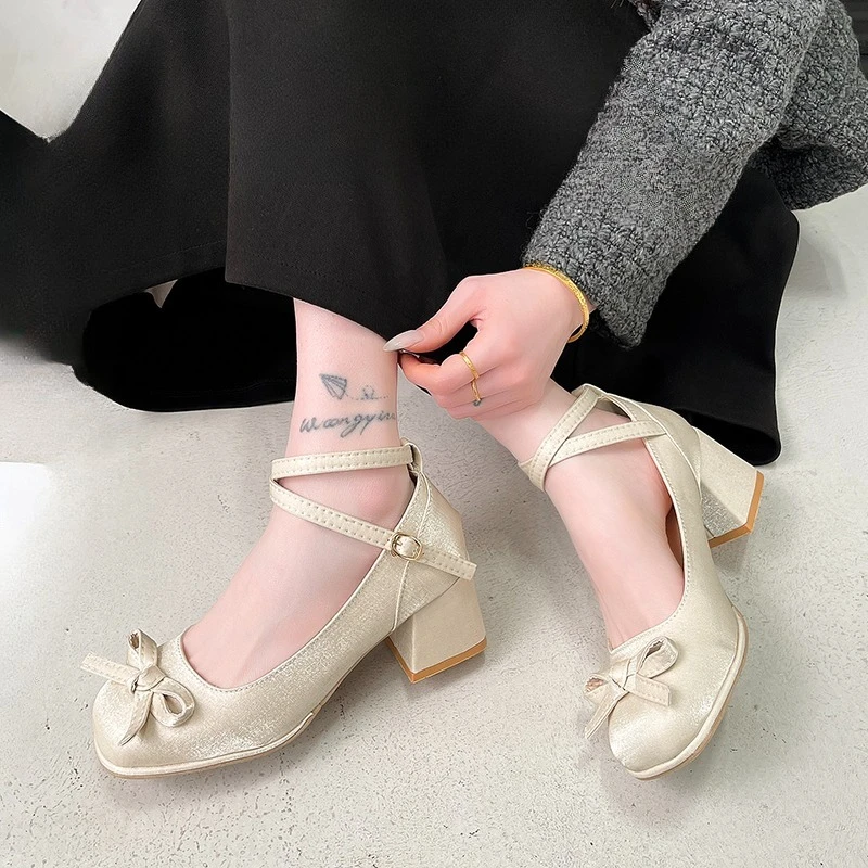 

Туфли Мэри Джейн на блочном каблуке, летние, новые, с круглым носком, бантом и ремешком, для женщин