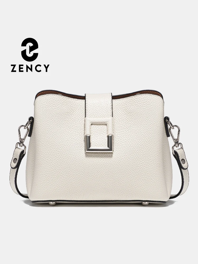 Zency Genuine Leather White Designer Noble Shopper Shoulder Bag Commuter Large Bucket Handbag Women Tote Bucket Crossbody Bag