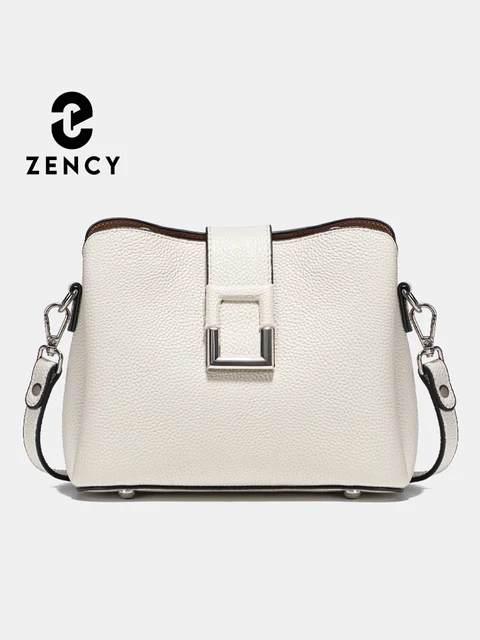 Zency Genuine Leather White Designer Noble Shopper Shoulder Bag Commuter Large Bucket Handbag Women Tote Bucket Crossbody Bag