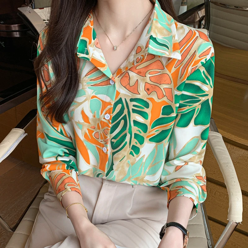 Women Spring Korean Fashion Loose Printing Chiffon Notched Long Sleeve Shirts Women Clothes Casual Simplicity All-match Tops