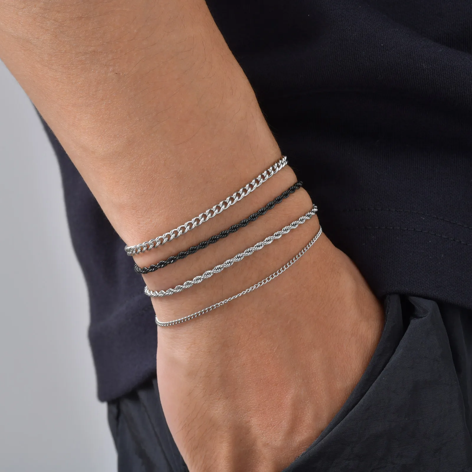 4 Stück Edelstahl-Kettenarmbänder für Männer, Silberfarbenes Gedrehtes Seilketten-Armband, Hip-Hop Minimalistischer Schmuck für Ihn Papa – Detail 4