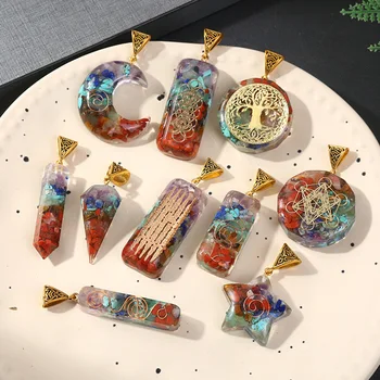 천연 7 차크라 스톤 목걸이, 직육면체 생명의 나무 달 별 펜던트, 원석 에너지 레이키 힐링 크리스탈 초승달 목걸이 