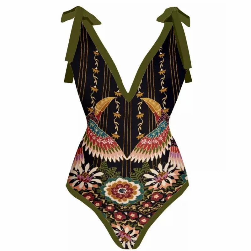 New French Retro Print One-Piece Swimsuit for Women, Hot Spring Vacation Beach Dress Two-Piece Swimsuit