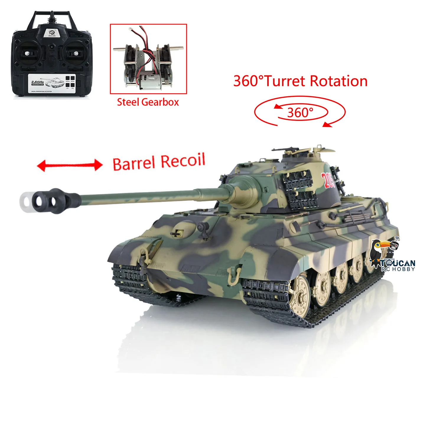 Henglong 1/16 7.0 Plastic King Tiger RC Tank 3888A 360 Turret Barrel Recoil Smoke Effect Armored Adult Toy TH17521-SMT7