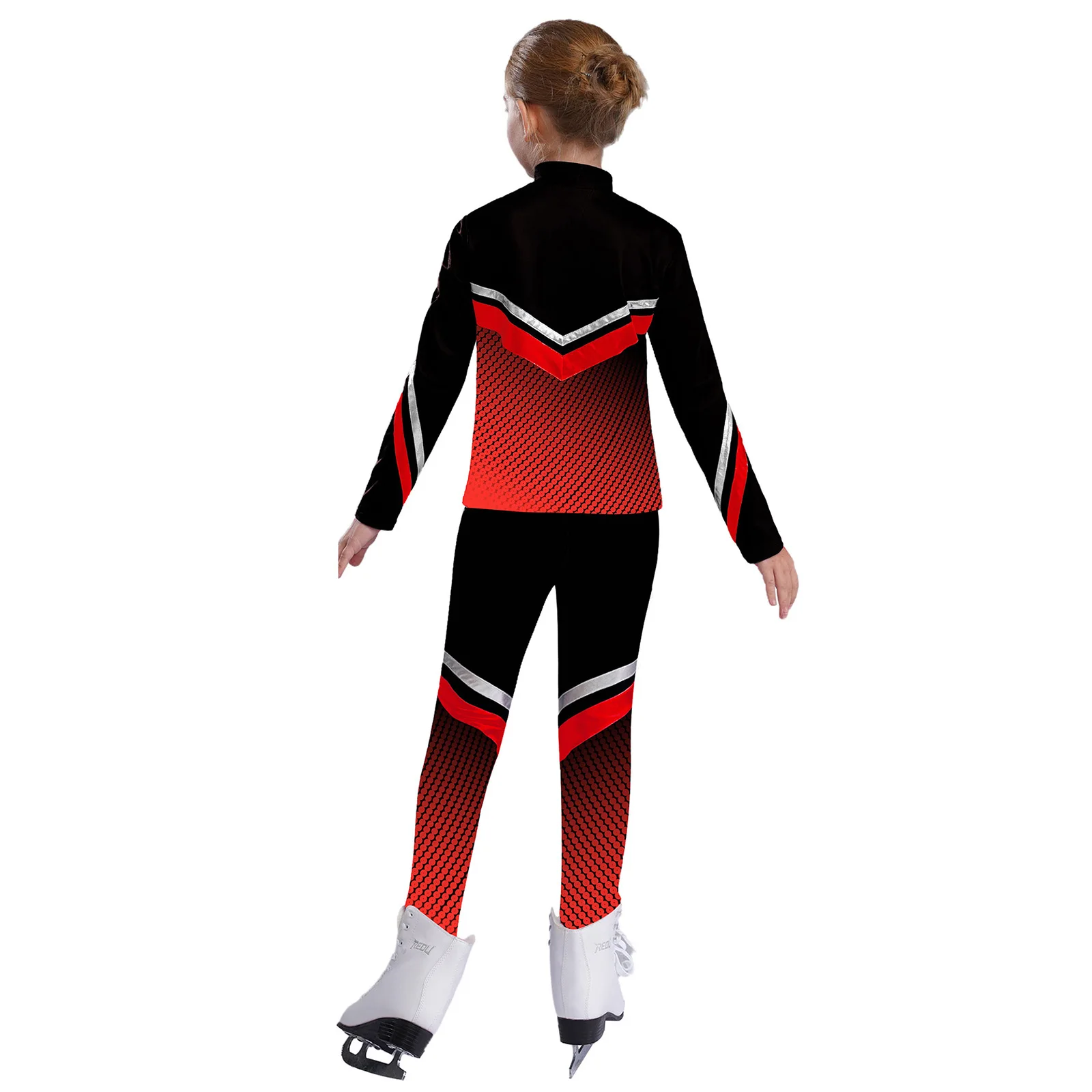 Kids Girls Figure Skating Gymnastics Performance Costume Striped Zipper Sweatshirt with Leggings Yoga Workout Sports Tracksuits