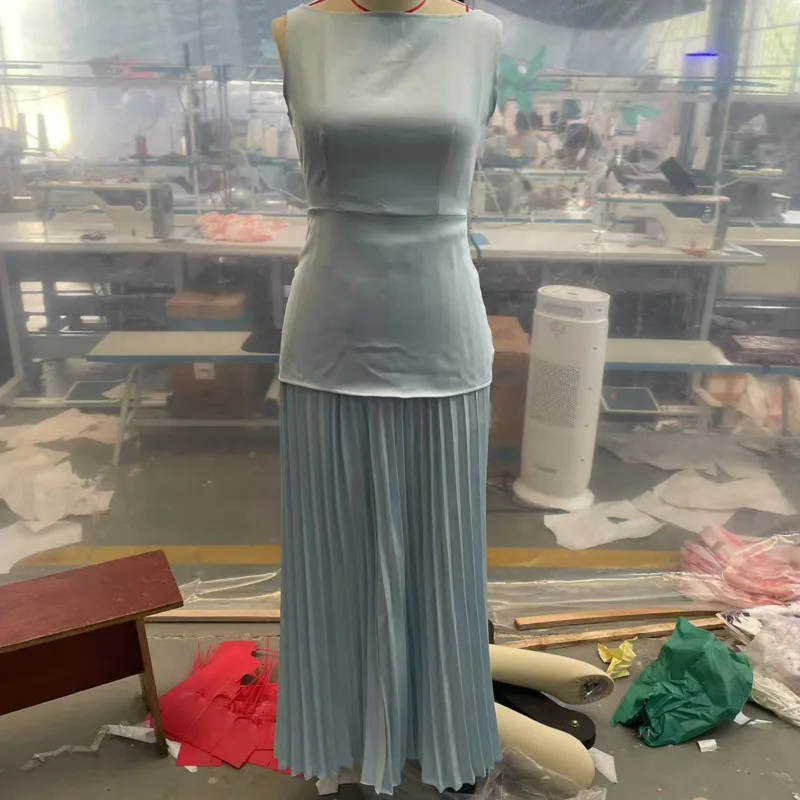HKSH Spring Summer New Women Two-piece Set Solid Color Sleeveless Waist Cinching Vest Pleated Long Skirt Elegant Fashion HK17191