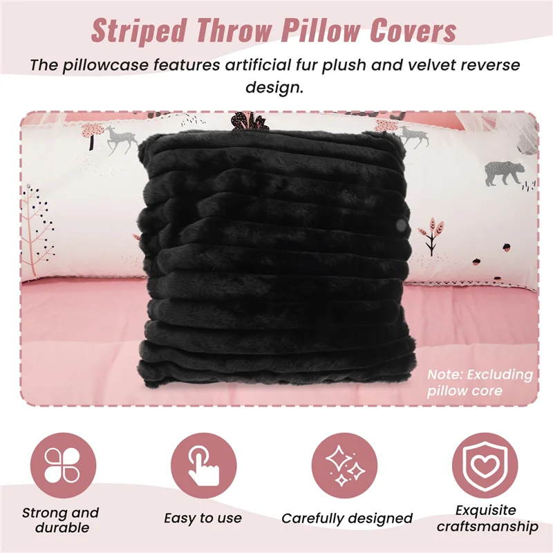 PBフェイクファーぬいぐるみブラックスローピローカバー、ふわふわストライプ枕カバー、クッションカバー、18 x 18インチ、装飾ソファ、カウチ、寝室用、B Dura