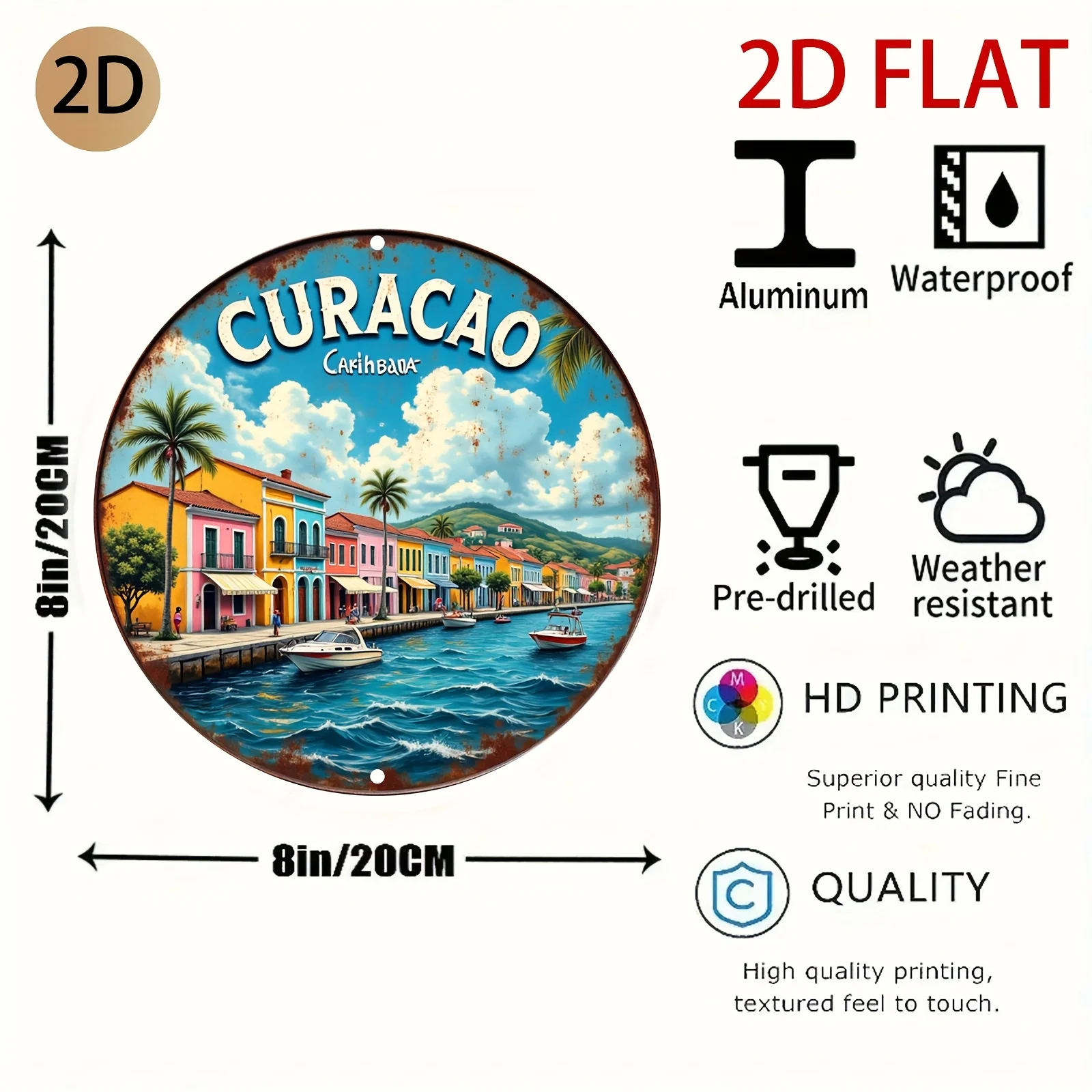 Curacao Caribbean Town - Tin Sign - Vintage Durable Metal Plaque Wall Decor, Home Office Bar Man Cave Wall Art