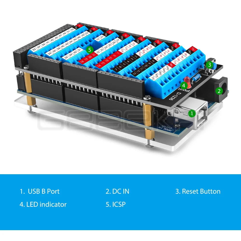 Arduino Hoed Voor Arduino Mega 2560 R3 Teminal Hoed Reset Knop En Led Indicator Acryl Bescherming Panel