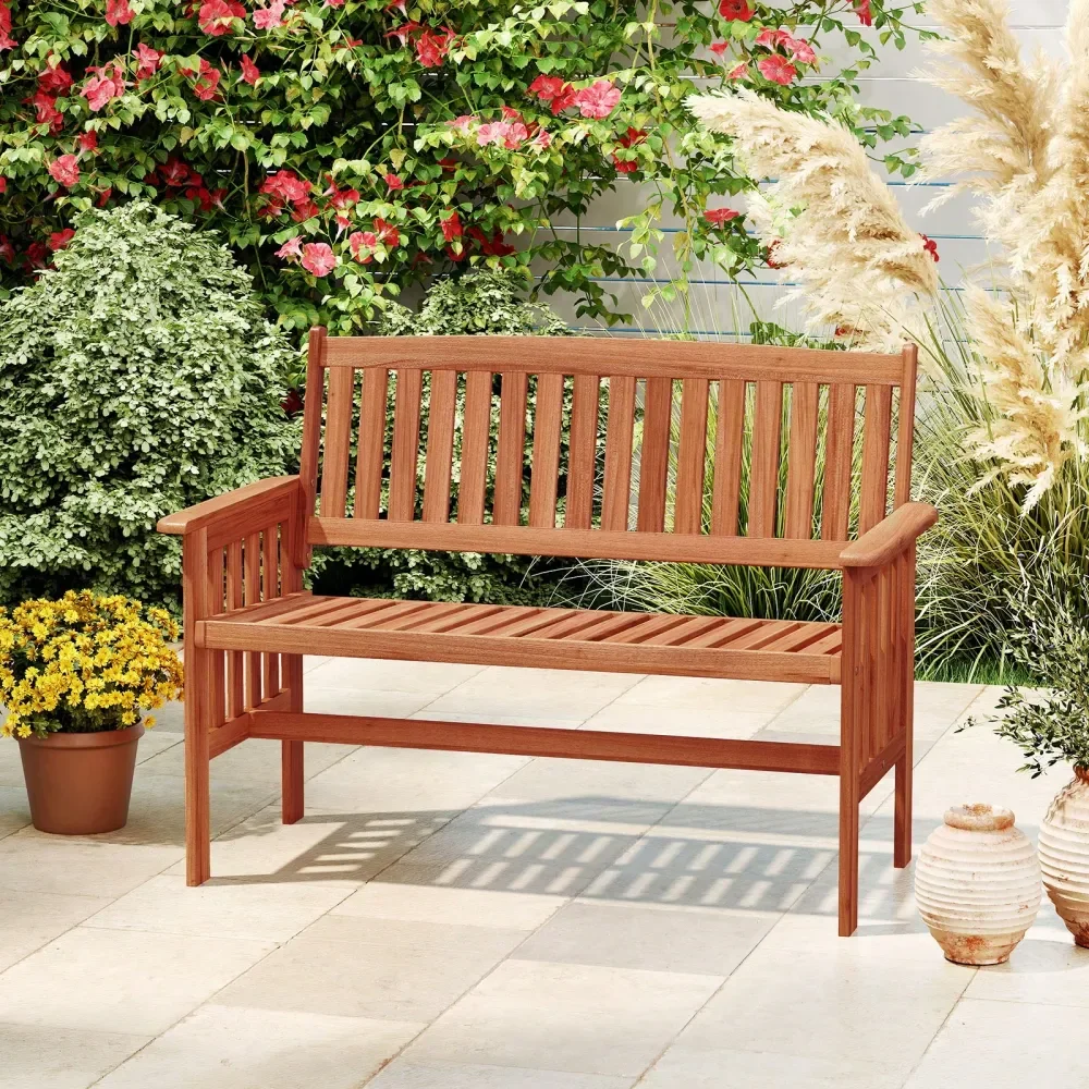 

Wood Garden Bench W Backrest Armrests Slatted Seat For Front Porch