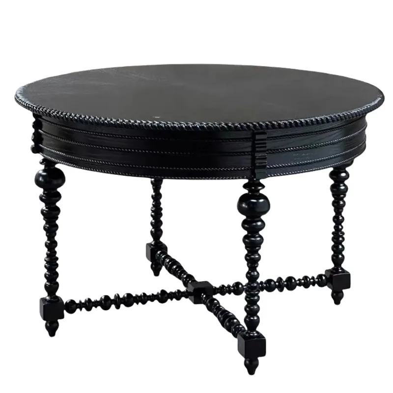 American French Black Solid Wood Round Coffee Table, Vintage Classical Living Room Furniture Set, Customizable Home Tea Table