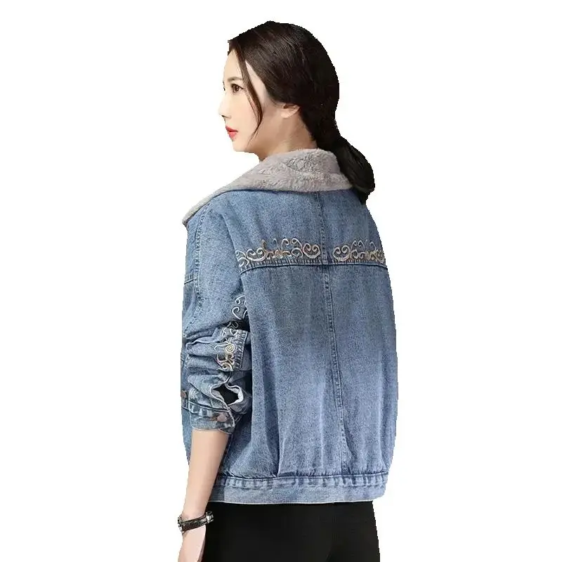 Faux Wool Collar Embroidered Velvet Denim Jacket Women Winter 2022 New Korean Casual Top Loose Versatile Jean Jacket Female