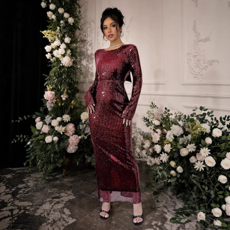 

Long-sleeved fashionable backless sequin evening dress host long dress