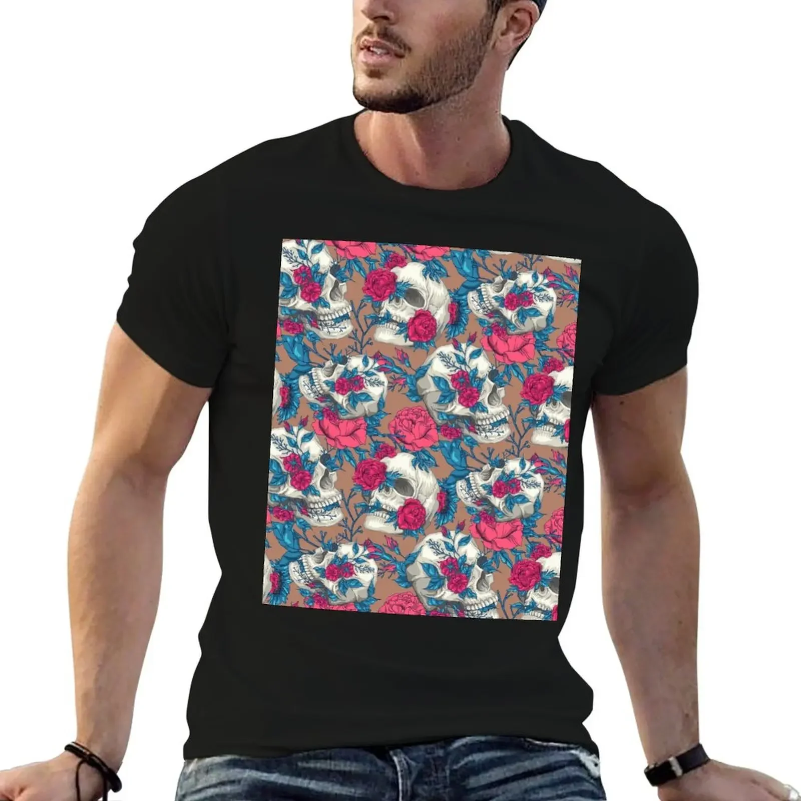 

Floral Skull Pattern Mask T-Shirt Anime t-shirt blue lock summer top oversized t shirt men
