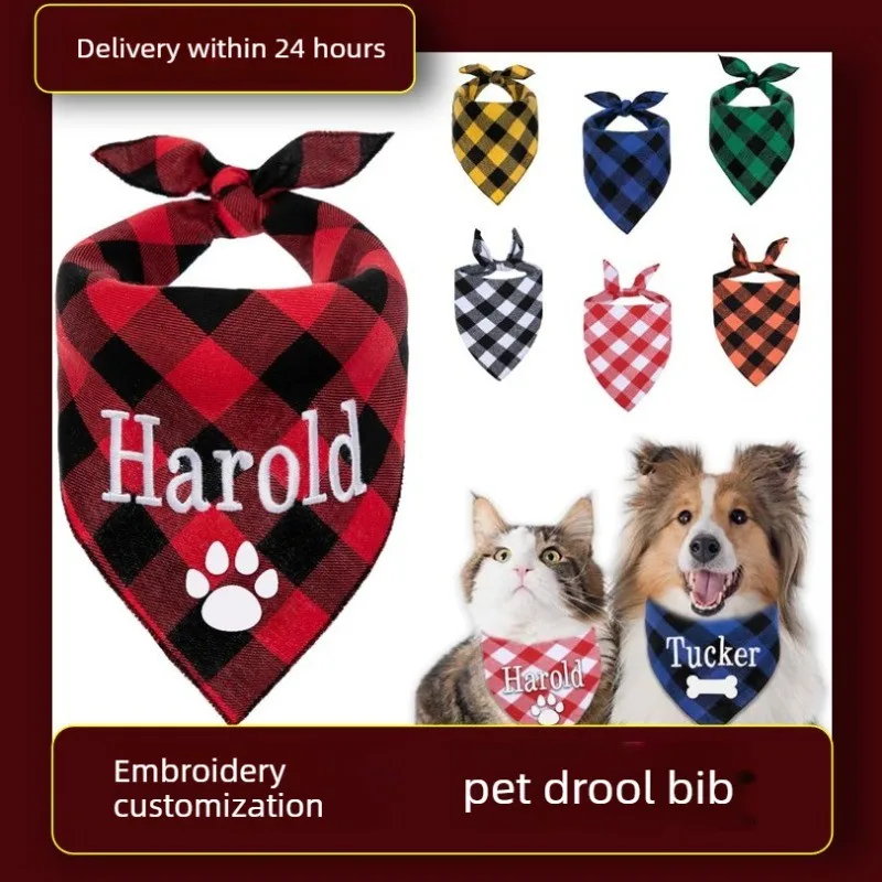 Embroidery Name Dog Bandana Custom Pet Scarf Bandana For Dog Cotton Plaid Washable Bow Tie Collar Cat Puppy Triangular Scarf Bib