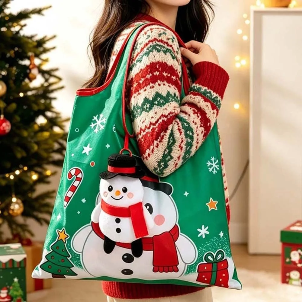 Colorful Christmas Grocery Tote Space-Saving Tear-Resistant Cartoon Pocket Handbag Large Capacity Quick-Folding