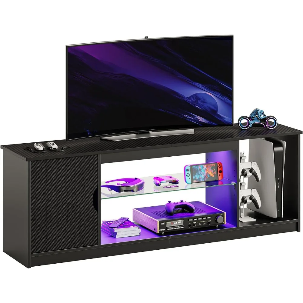 

LED Entertainment Center for PS5, Gaming TV Stand with Cabinet 55/65 Inch TV, Modern TV Console with Adjustable Glass