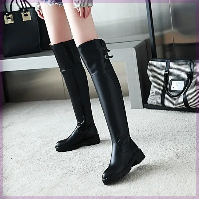 Autumn and Winter Faux Leather Women Long Boots Over The Knee Boots Thigh High Rider Round Toe Flat Boots Large Size 34-43