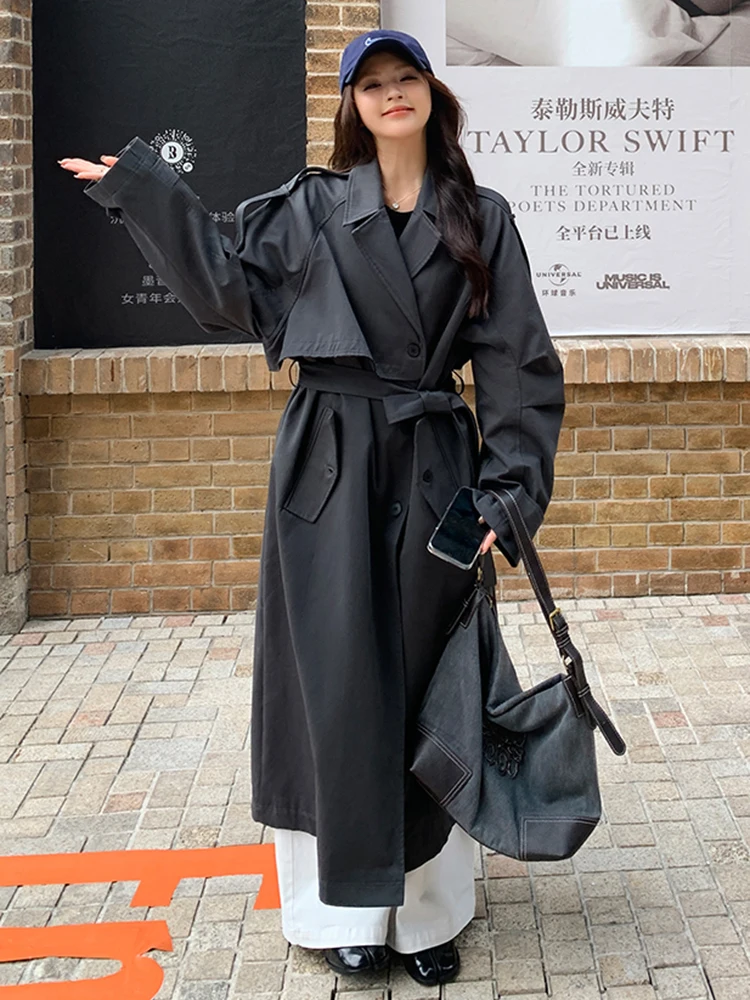 LANMREM Fashion Autumn Long Trench Coat Women Lapel Double Breasted Belt Gathered Waist Windbreaker Office Lady Clothing 2VV281