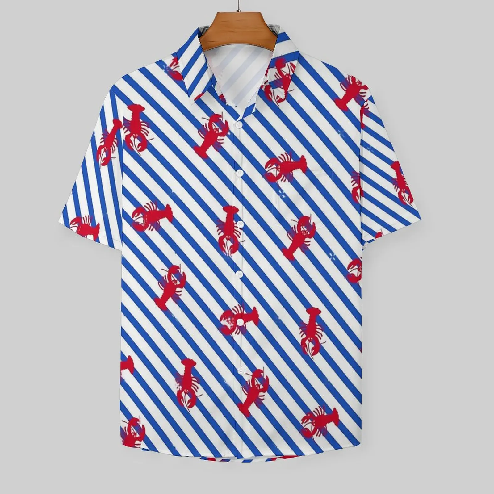 Lobsters Vacation Shirt Blue And White Stripes Summer Casual Shirts Male Novelty Blouses Short Sleeve Y2K Funny Graphic Clothing