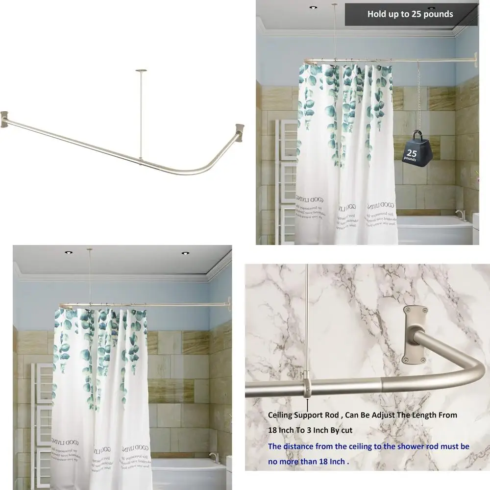 

Corner Shower Curtain Rod for L-Shaped Bath, Brushed Nickel Finish with Ceiling Support