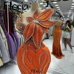 Aso Ebi-Vestidos de Fiesta largos de sirena naranja, diseño de hojas 3D, cuentas de cristales, ocasiones de noche formales, vestido de cena de recepción de boda