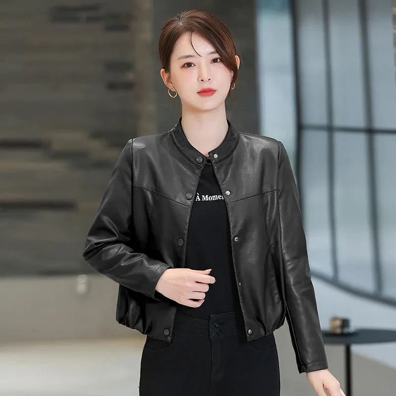 Loose Skinny Leather Jacket Women\'s Short Jacket 2023 Spring And Autumn New Korean Casual PU Leather Jacket Female Outwear Black