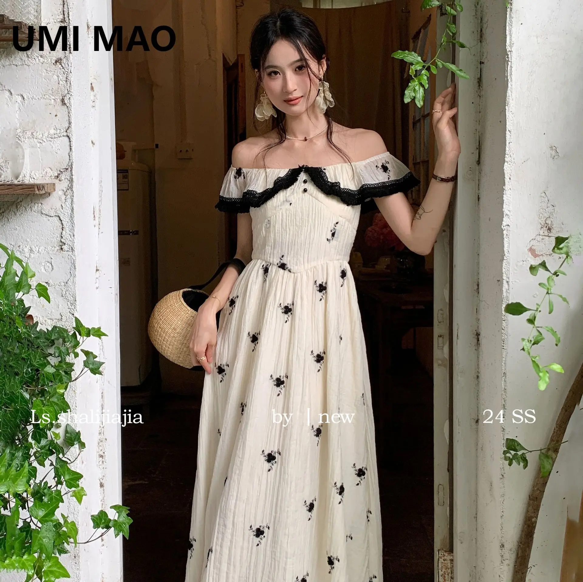 

UMI MAO Fragmented Flower Sweet One Shoulder Slim Dress 2024 Summer New Women's Dresses Femme Y2K