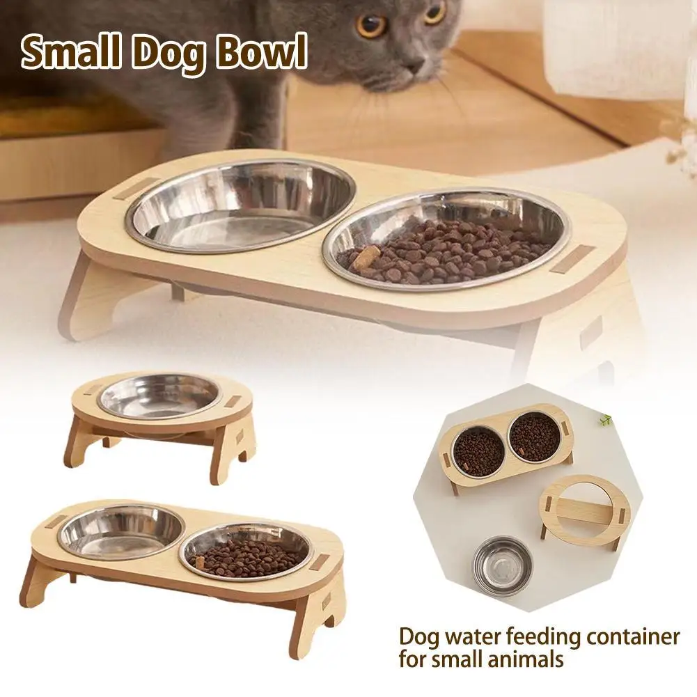 Single/Double Cat Food Bowl Wooden Stainless Steel Water Food And Anti-black Tilted Neck Chin Bowl Feeder Pet Cat Protectio E1T7