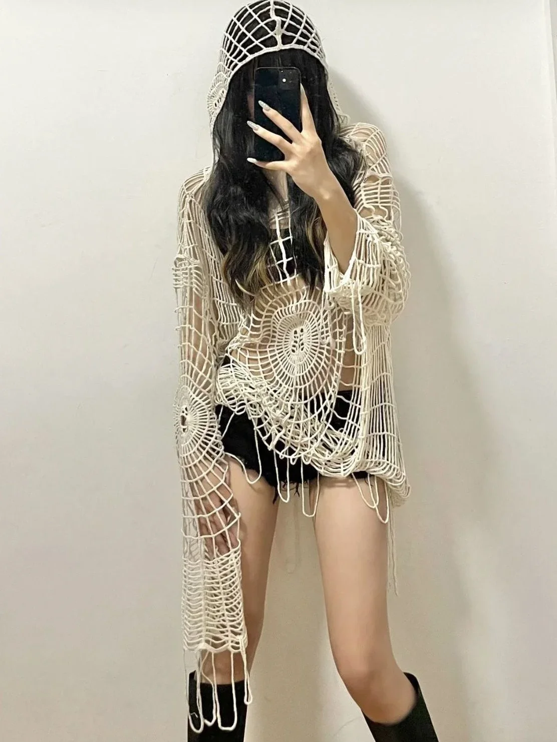 QWEEK Goth Grunge Y2k Crochet Hollow out Tops Women Streetwear Knit Spider Web Hooded Mesh Pullover High Street Clothes Sweaters