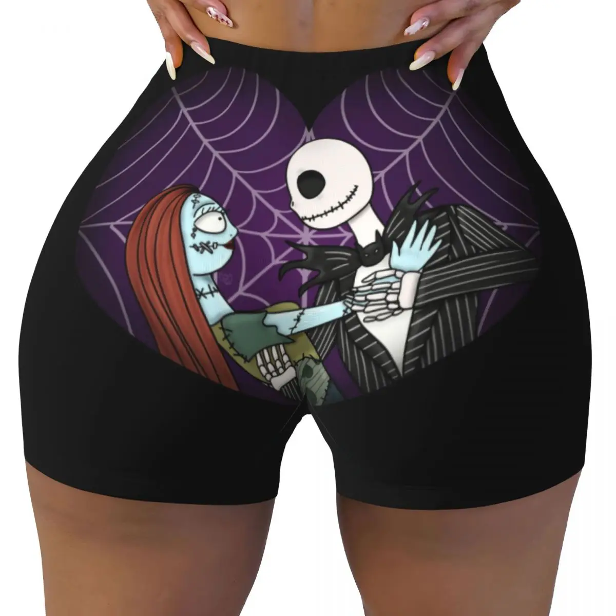 

Custom Women's Jack Skellington Sally Workout Yoga Shorts The Nightmare Before Christmas Athletic Gym Biker Running Shorts