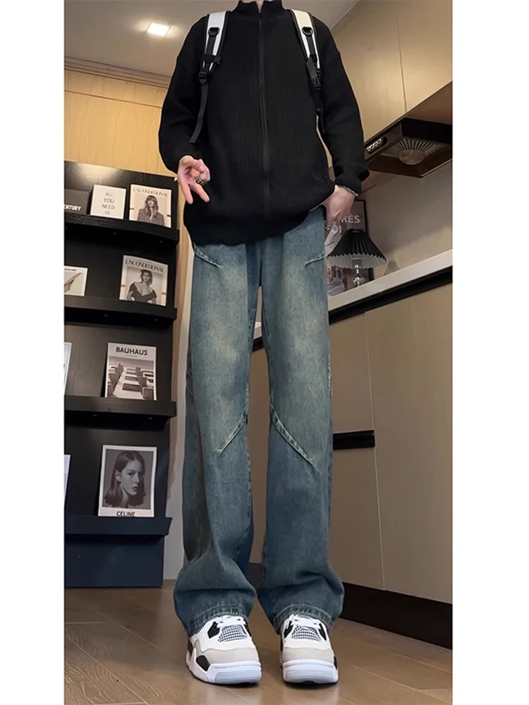 

American Retro Blue Pleated Men's Jeans High Waist Straight Leg Micro Flared Pants Youth Trendy Streetwear Autumn Wear