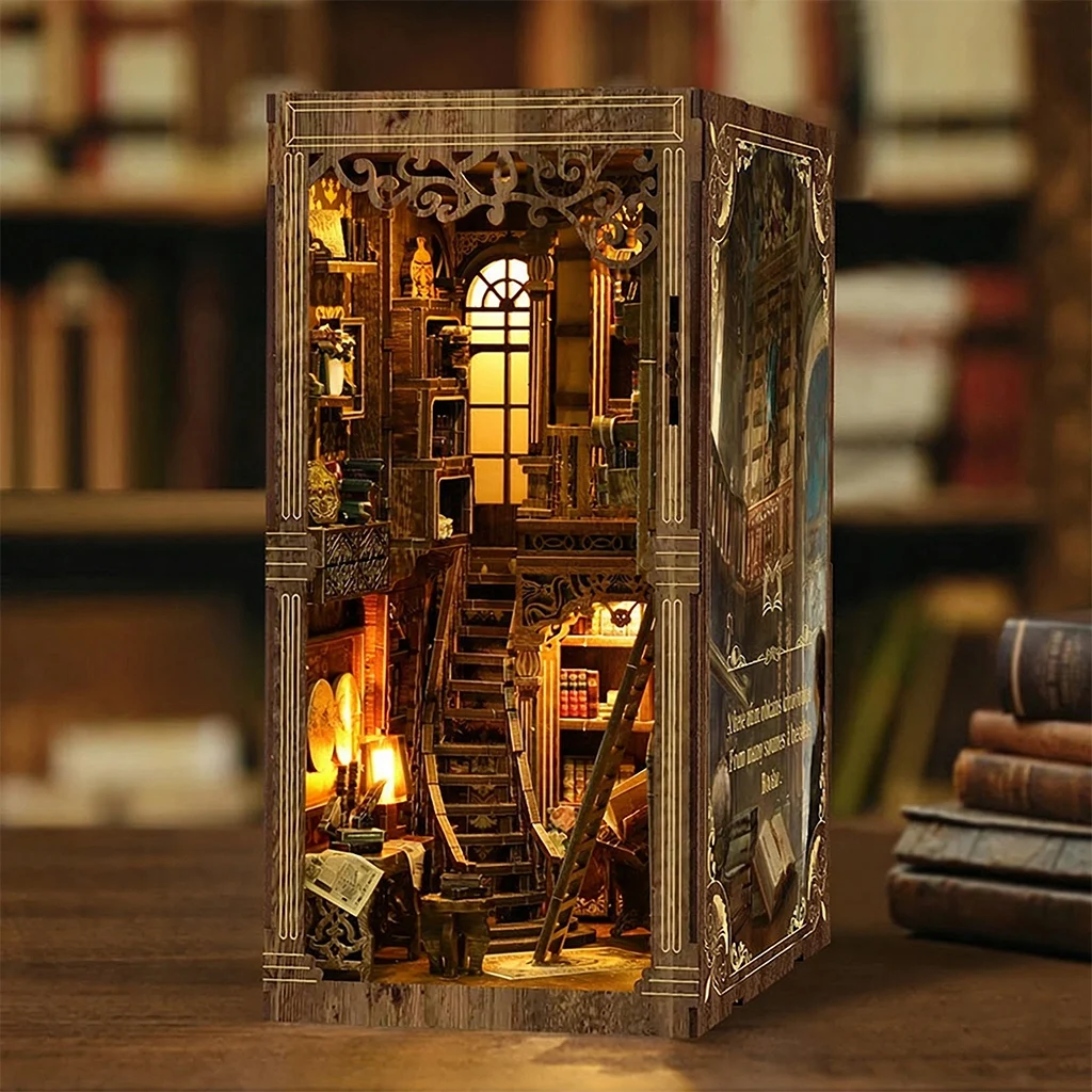 OUZEY Kit de montagem DIY para livro de madeira 3D - Inserção de prateleira de sala de coleção de livros antigos, decoração de mesa para casa