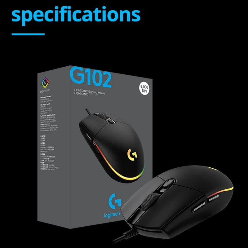 Imagem -06 - Logitech-original Wired Optical Gaming Mouse para pc e Laptop Key Game Mice Fábrica por Atacado G102 G203 8000 Dpi Rgb Light Effect