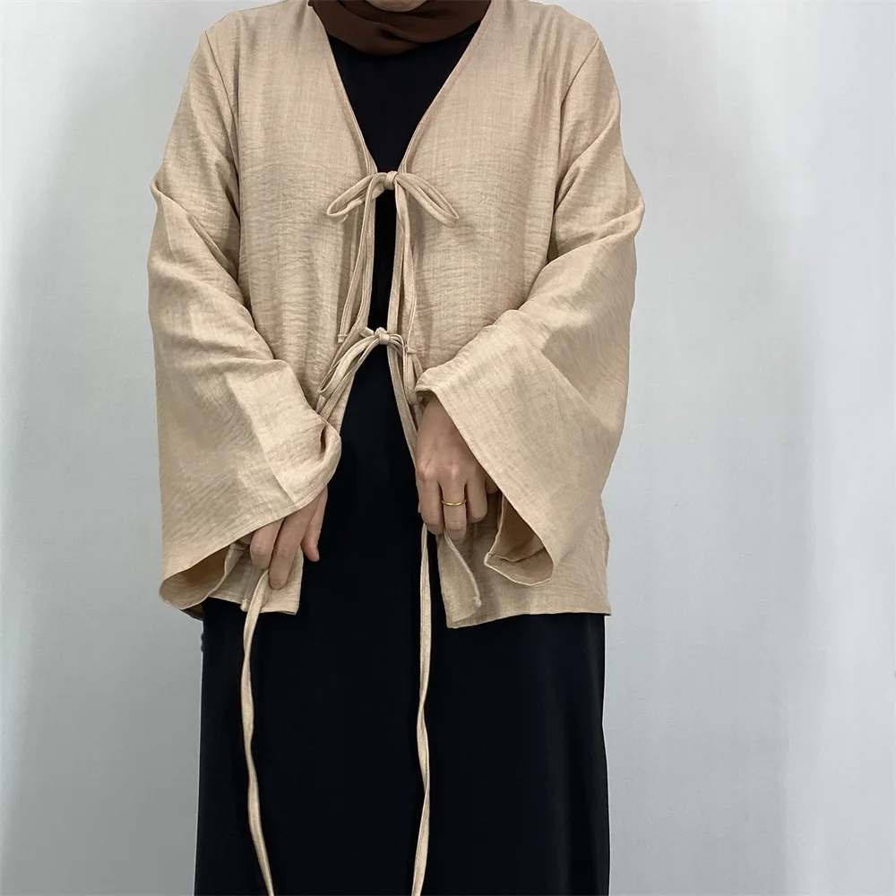 

Eid Kimono Tops Lace Up Shirt Kaftan Modest Muslim Abayas for Women Islam Clothing Arabic Dubai Blouses Femme Musulmane Ramadan