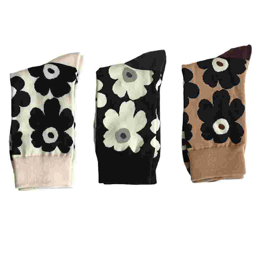 3 Pairs Vintage Flower Socks Durable Stockings Girls Black Creative Winter Simple Thermal Flash Breathable