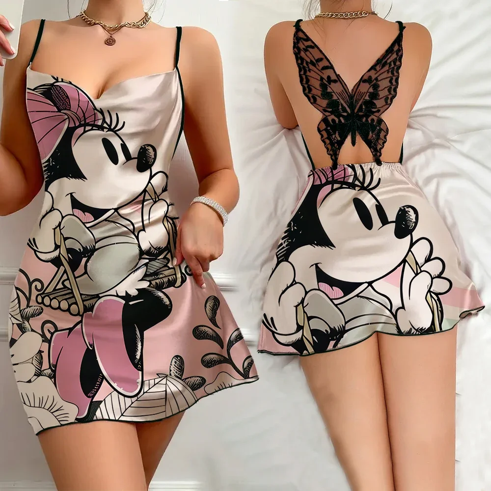 2024 Summer Women's Nightwear Sexy Female Pajama Free Shipping Disney Cartoon Minnie Pattern Sleevesless Sleeping Home Dress