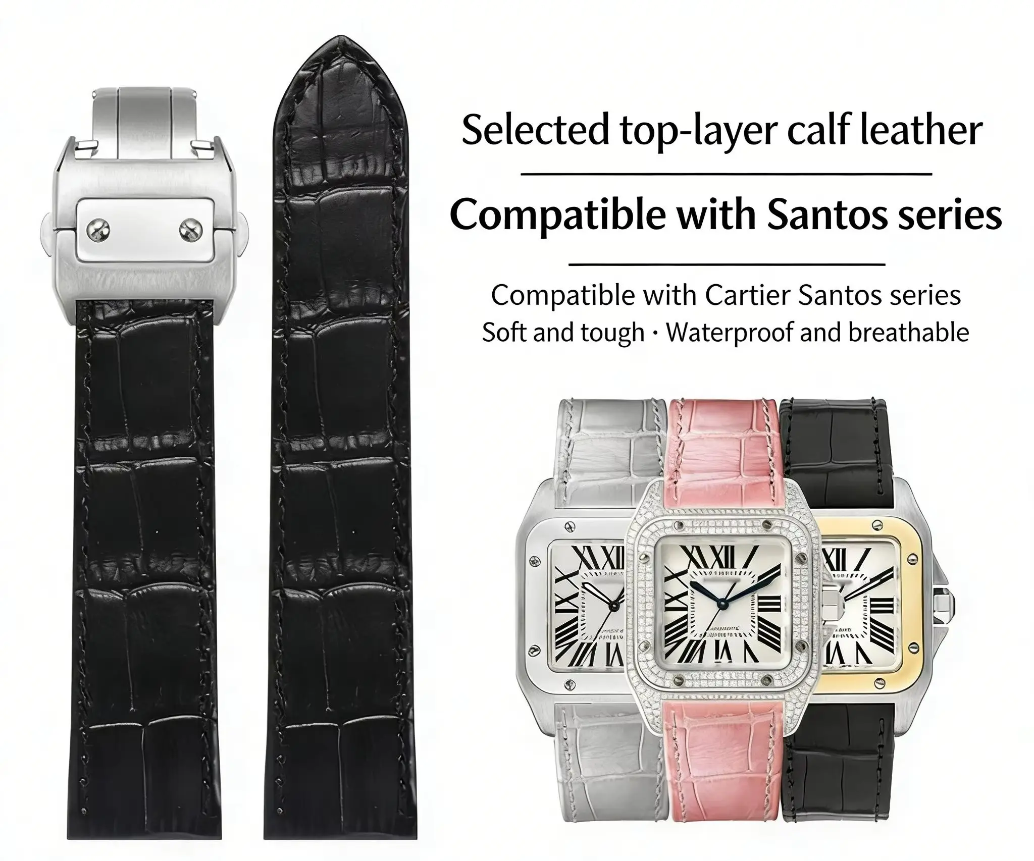 20mm 23mm Top Crocodile Pattern Genuine Leather Quick Release Watch Strap for Cartier Santos 100 Men Women WatchBands