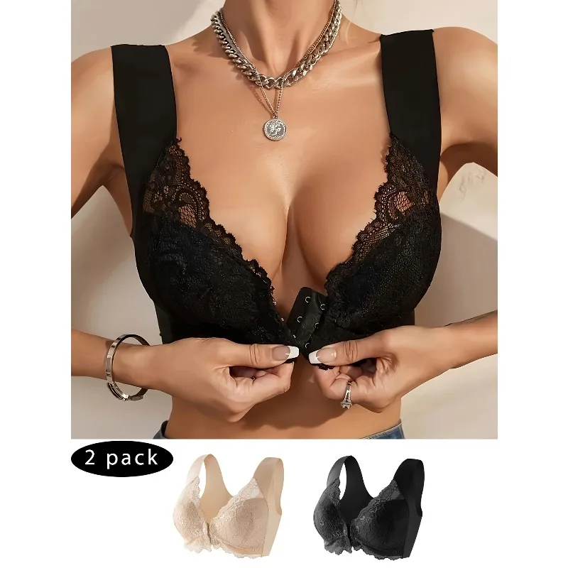 Ladies' Front-opening Bra, Fashionable Lace Lingerie, Full Cup Gathering, Lace Cutout Design