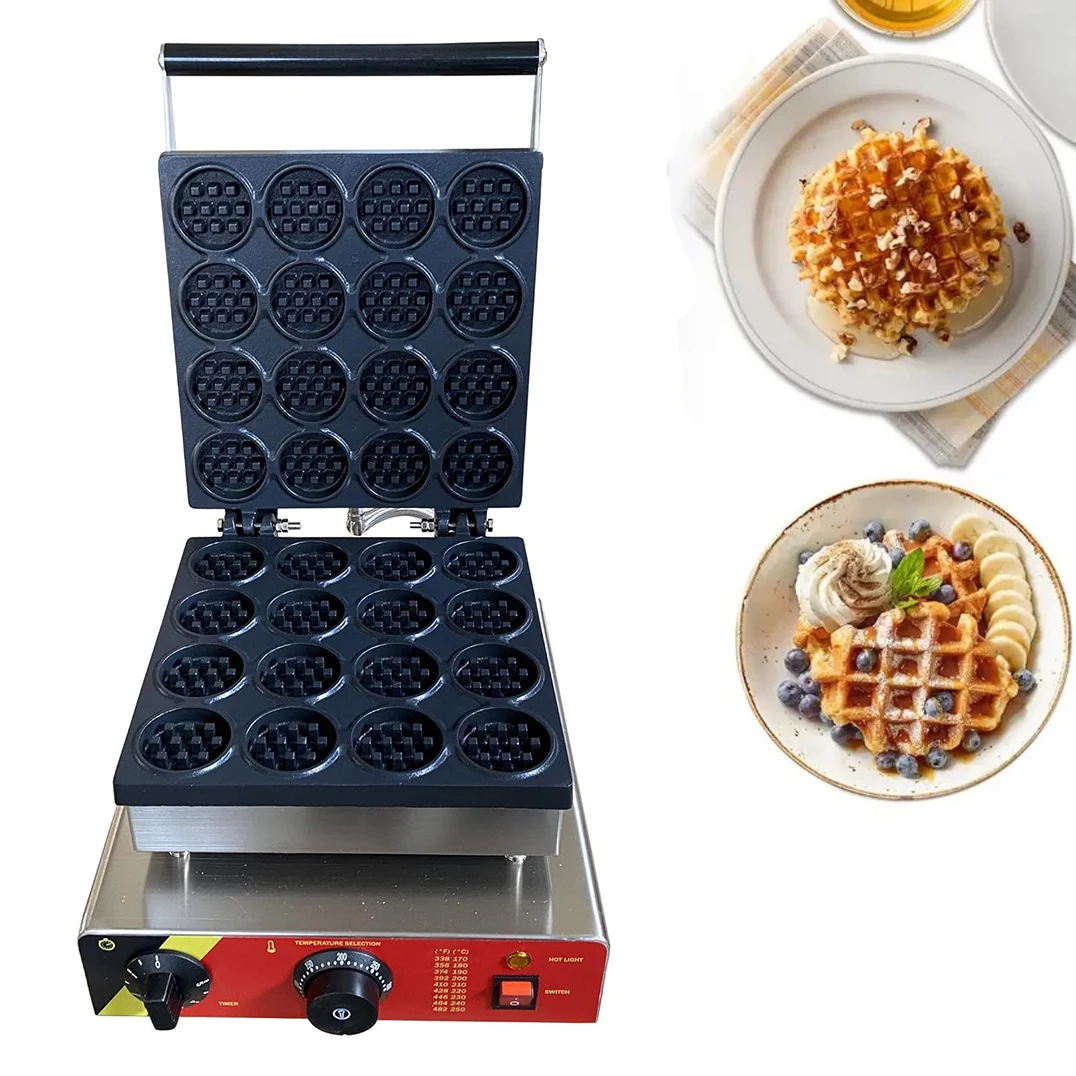 Commercial Electric Mini Round Cake Waffle Maker, Stainless Steel Body with Nonstick Coating Baker Making Machine 16 Holes 110V
