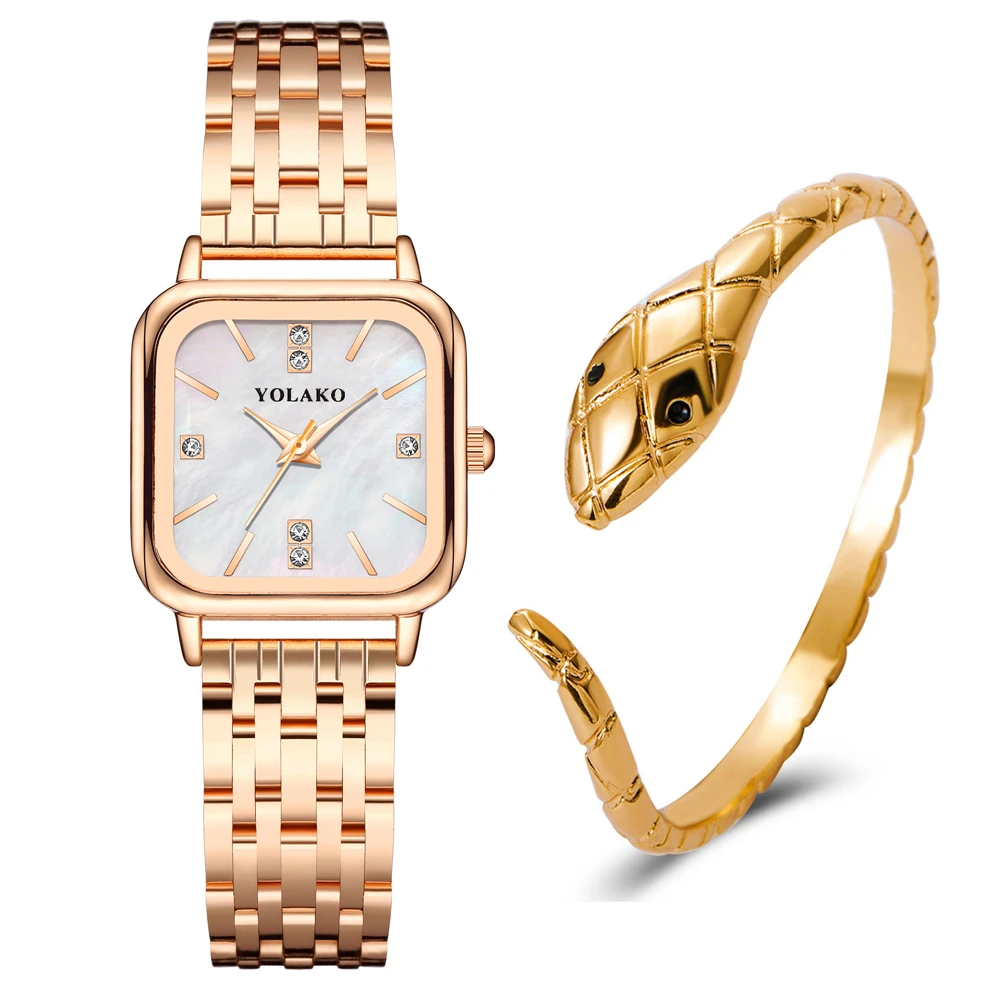 Luxury Brands Women Quartz Watch Fashion Square With Diamonds Seashell Surface Design Gold Coloured Fine Metal Strap Watches