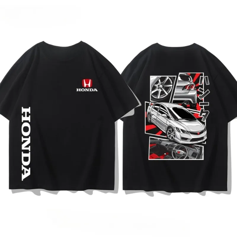 هوندا سيفيك الصيف الساخن موضة جديدة تي شيرت سباق تي شيرت رجالي ريترو دراجة نارية سلسلة مطبوعة فضفاضة قصيرة الأكمام وزرة