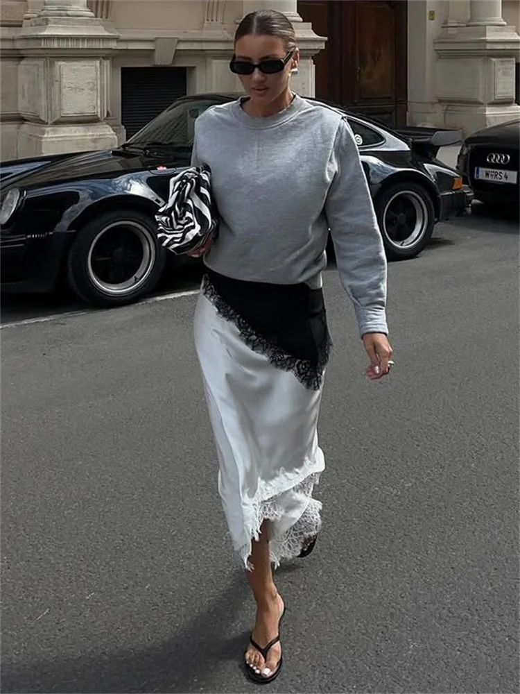 Tossy White Lace Patchwork Long Skirt For Women Slim High Waist Elegant Commute Printed Party Looks Clothes Female Maxi Skirts