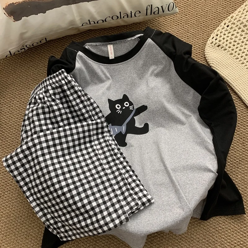 

Plus Size Women's Pajamas Set Cartoon Cat Cute Kawaii Big Size Sleepwear Loose Plaid Pajama 2PC Set Nightwear Loungewear