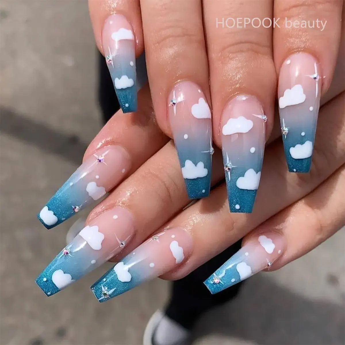 24pcs Sky Blue Clouds Long Ballet False Nails Art Seamless Removable Fake Nails Set Finished Reusable Press On Nail With Designs