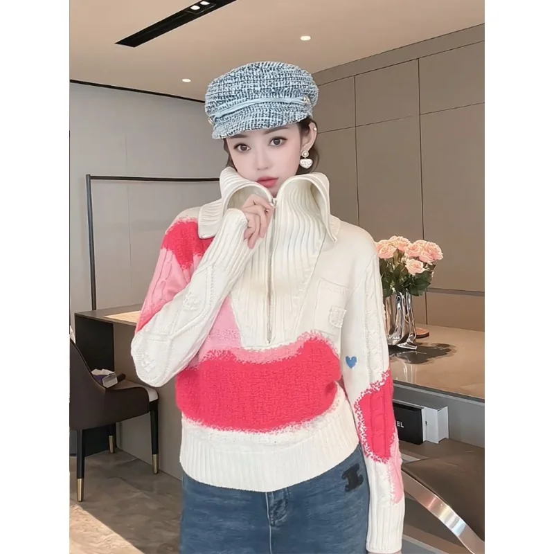 Pullover sweater 2023 crowd design sense of fried street white contrast lapel semi-zip sweater women autumn and winter pullover