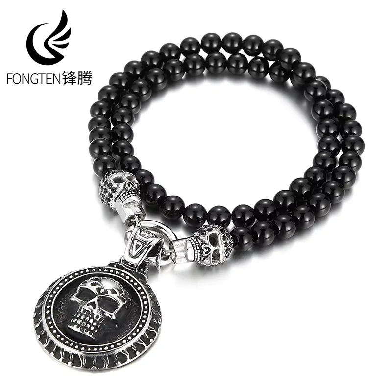 Fongten 50cm Long Rosary Beads Necklace For Men Punk Stainless Steel Skull Pendant Choker Black Color Agate Beads Male Jewelry